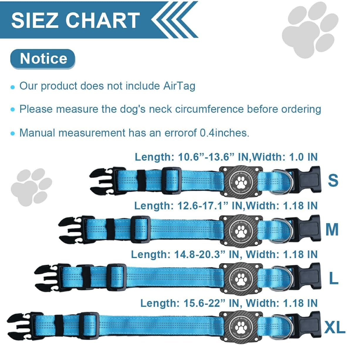 Airtag Dog Collar, Waterproof Air Tag Holder Dog Collar, Luminous & Reflective, Comfortable Padded, Adjustable Pet Collar for Small Medium Large Heavy Duty Dogs,Blue, M