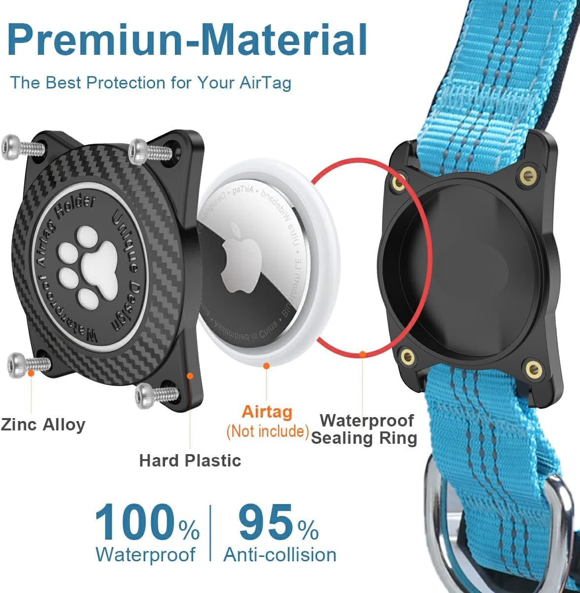 Airtag Dog Collar, Waterproof Air Tag Holder Dog Collar, Luminous & Reflective, Comfortable Padded, Adjustable Pet Collar for Small Medium Large Heavy Duty Dogs,Blue, M
