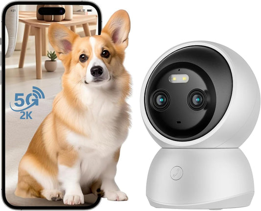 Dual Lens 2K Security Camera Indoor,360° Pet Camera Indoor, 2.4/5Ghz Wifi, Motion Tracking, Color Night Vision,One-Touch Call, Motion Detection for Dog/Baby/Elder Monitoring,Compatible with Alexa