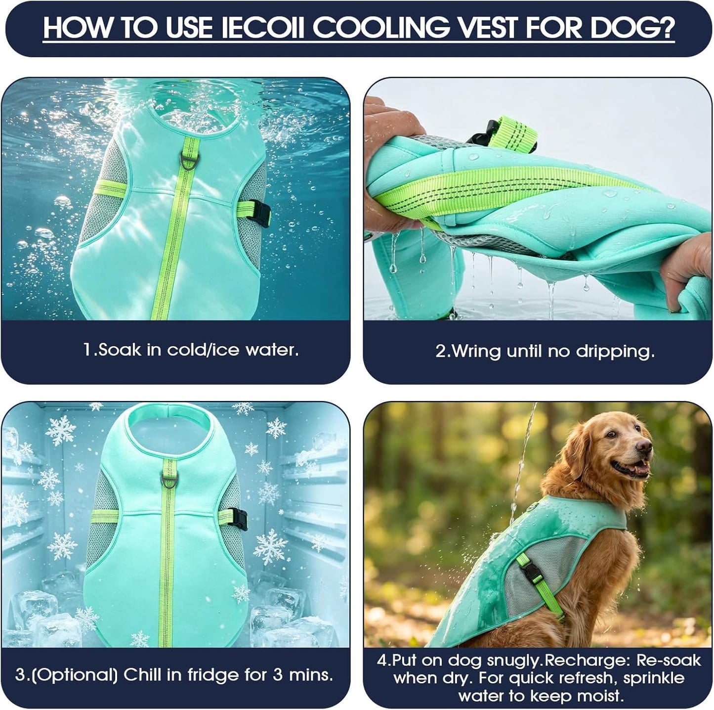 Dog Cooling Vest for Dogs, Soft Evaporative Cooling Shirt with Leash Ring | 3-Layer Cooling Fabric Helps Keep Dogs Cool and Comfortable in Summer Heat; Reflective, Adjustable Fit with Metal D-Ring.