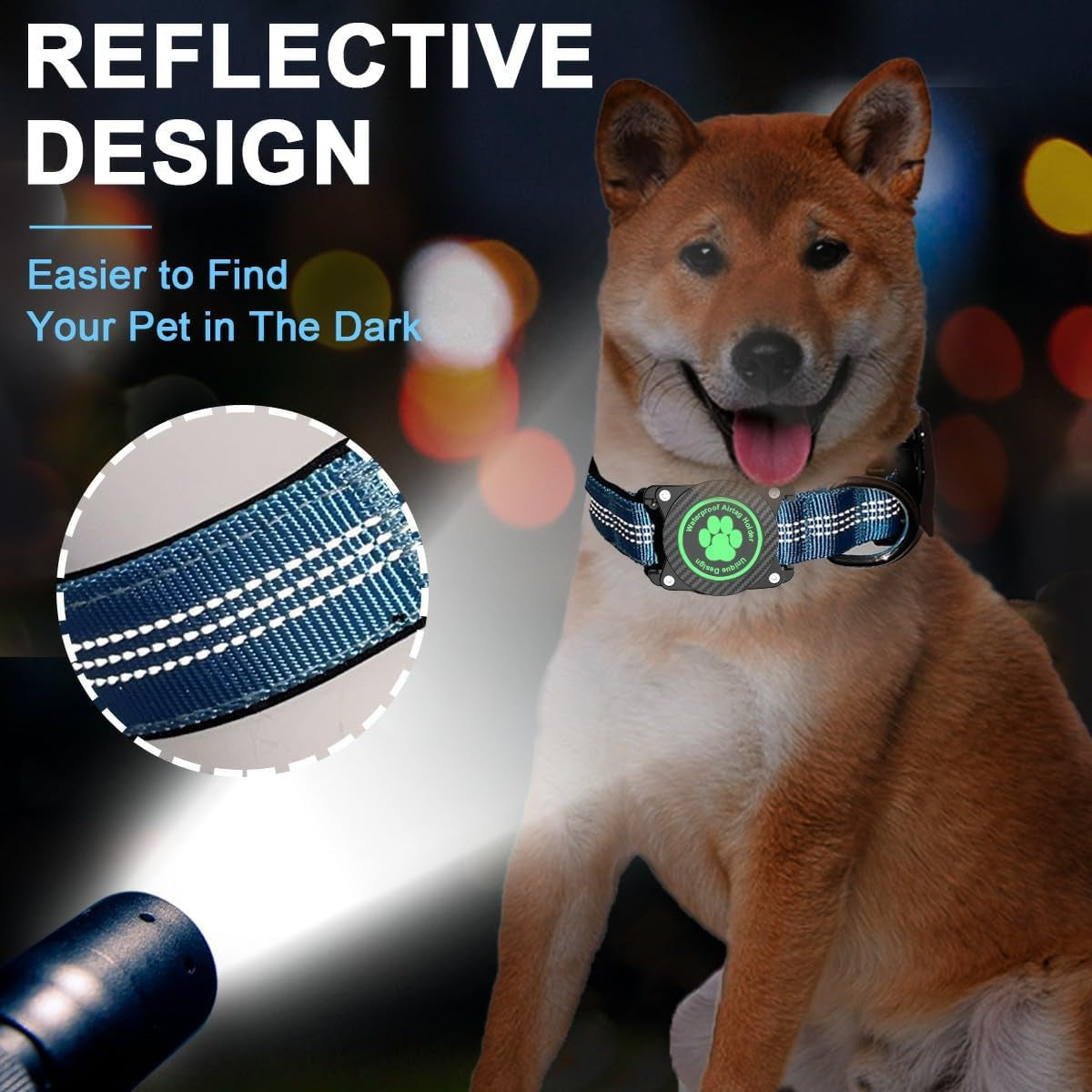 Airtag Dog Collar, Waterproof Air Tag Holder Dog Collar, Luminous & Reflective, Comfortable Padded, Adjustable Pet Collar for Small Medium Large Heavy Duty Dogs,Blue, M