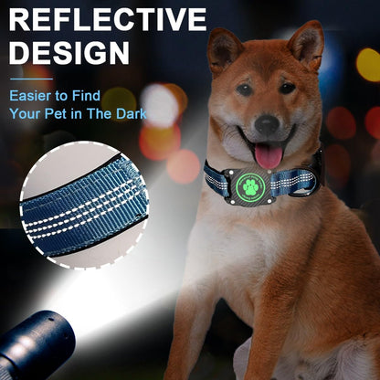 Airtag Dog Collar, Waterproof Air Tag Holder Dog Collar, Luminous & Reflective, Comfortable Padded, Adjustable Pet Collar for Small Medium Large Heavy Duty Dogs,Blue, M