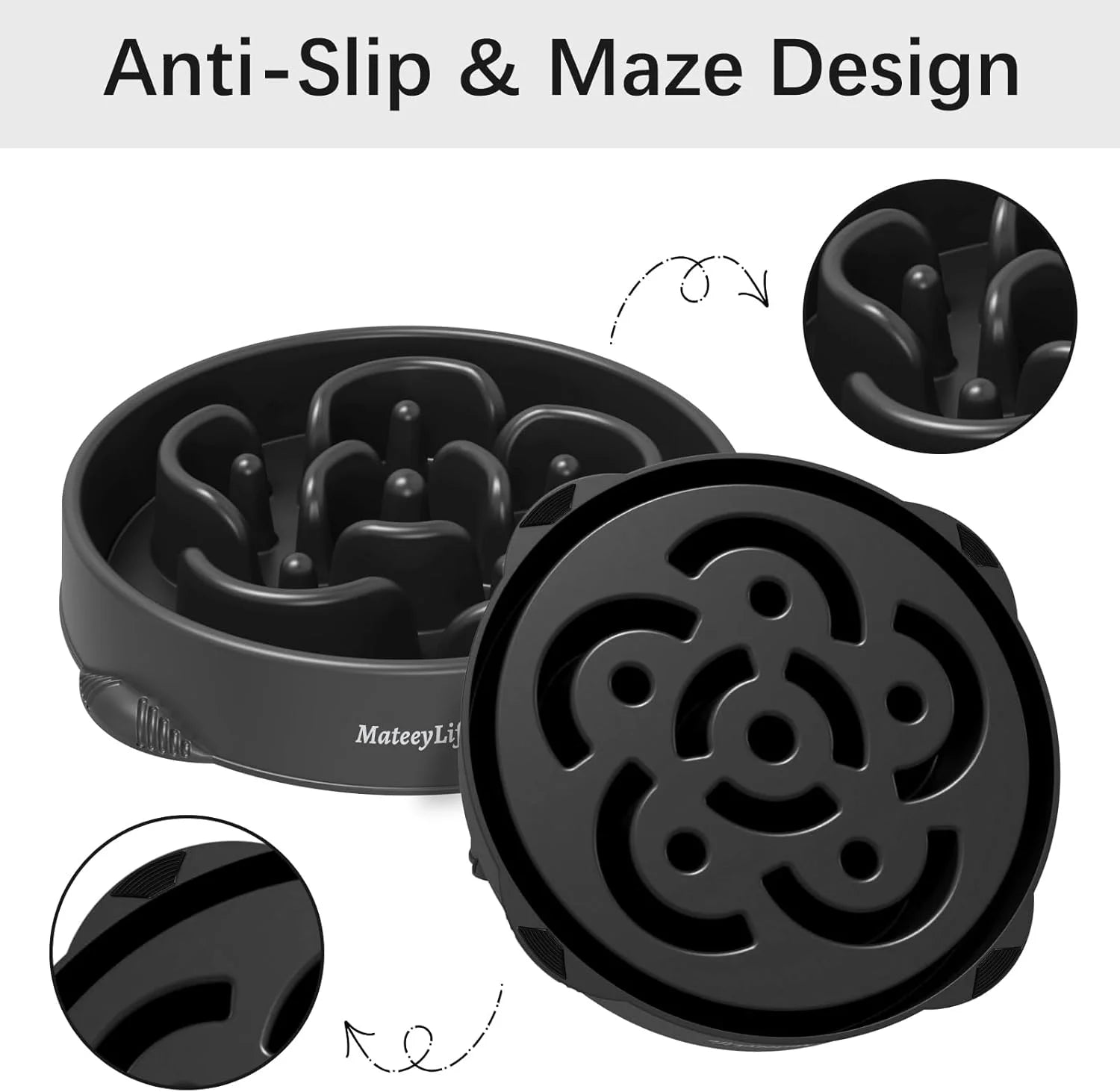 Slow Feeder Dog Bowls, Non Slip Cat Food Bowls, Bloat Stop Maze Dishes, Interactive Feeder for All Breeds 4 Cup Gray&Black