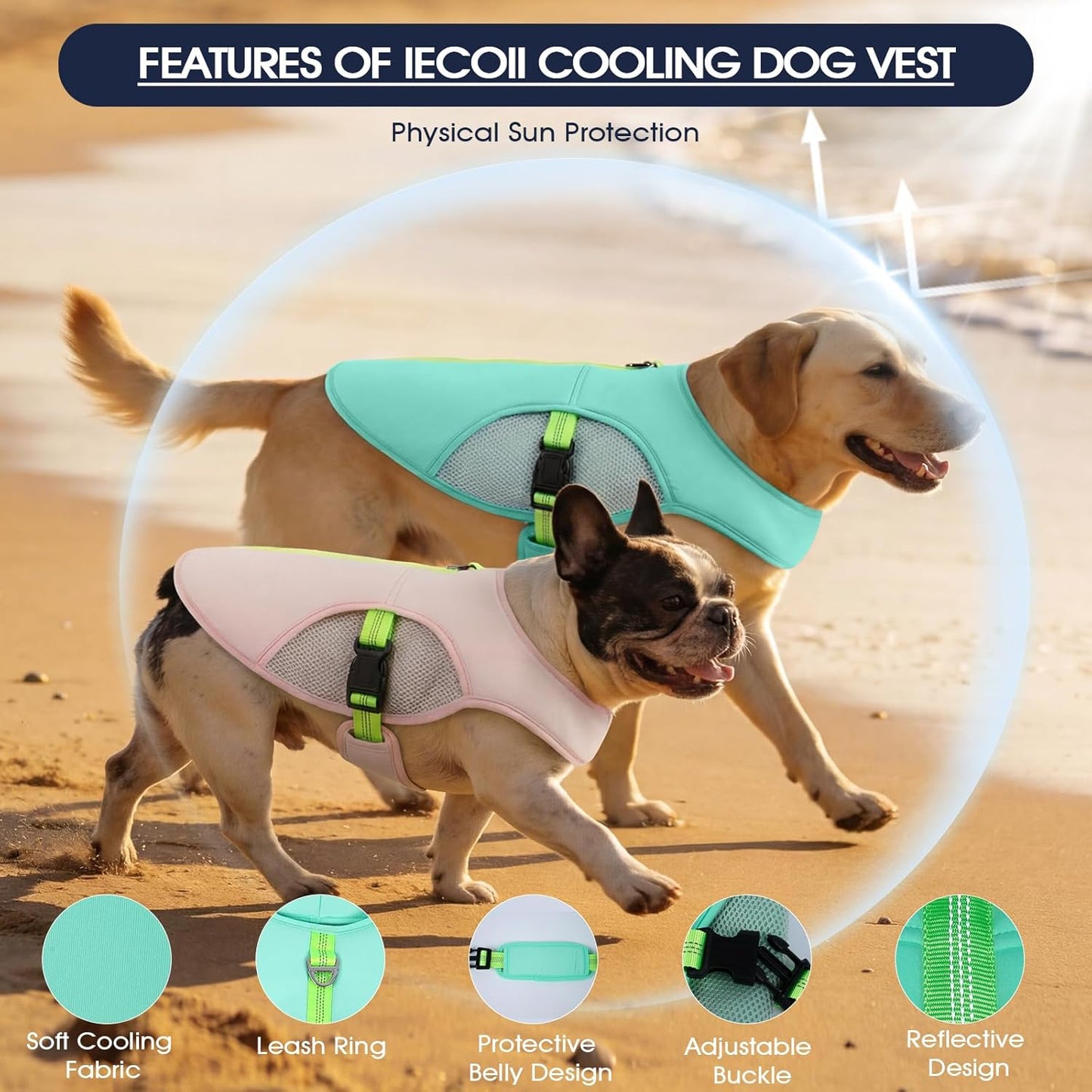 Dog Cooling Vest for Dogs, Soft Evaporative Cooling Shirt with Leash Ring | 3-Layer Cooling Fabric Helps Keep Dogs Cool and Comfortable in Summer Heat; Reflective, Adjustable Fit with Metal D-Ring.