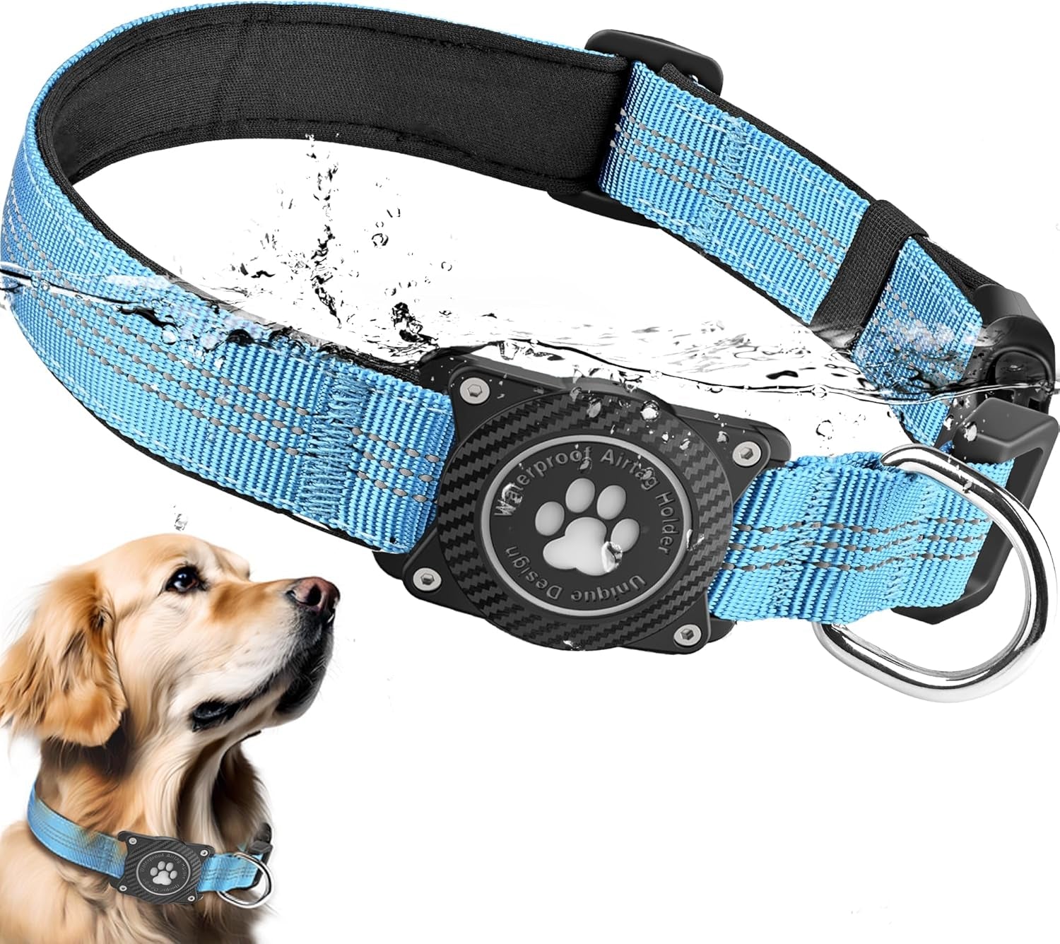 Airtag Dog Collar, Waterproof Air Tag Holder Dog Collar, Luminous & Reflective, Comfortable Padded, Adjustable Pet Collar for Small Medium Large Heavy Duty Dogs,Blue, M