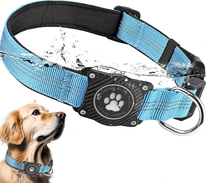 Airtag Dog Collar, Waterproof Air Tag Holder Dog Collar, Luminous & Reflective, Comfortable Padded, Adjustable Pet Collar for Small Medium Large Heavy Duty Dogs,Blue, M